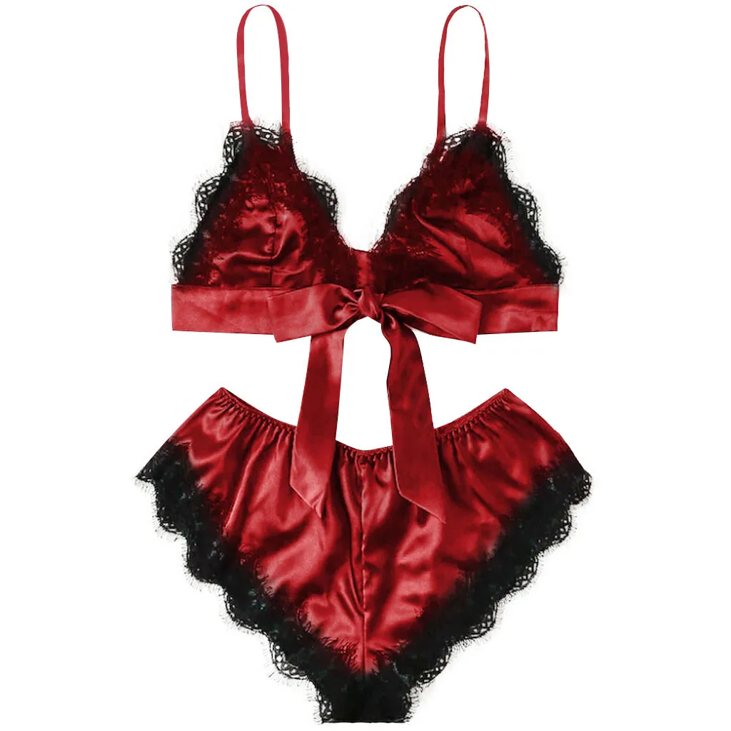 

New Womens Sexy Satin Lace Splice Patchwork Bandage Bow Sleepwear Lingerie Underwear Set Ladies Thin Section Bra Panties Set