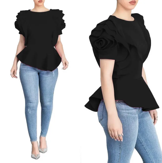 2XL Lady Blouse Tops Shirt Layers Petal Sleeves Elegant Fashion Spring Summe Rose Red Blue Black White Bluas Ruffles Classy | Женская