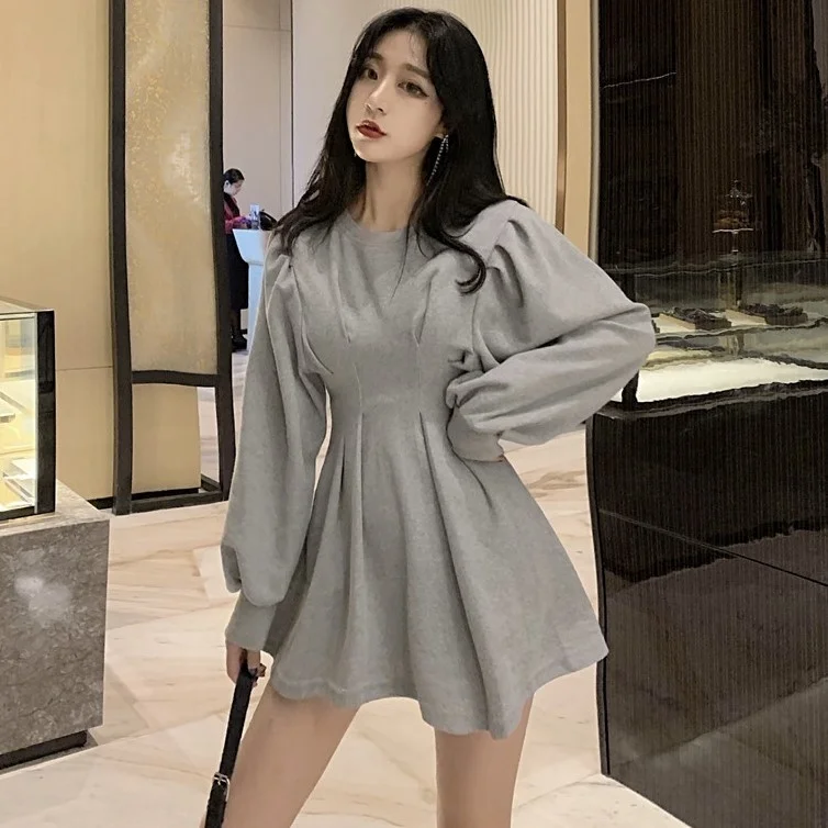 

Fitted Waist Pleated Lantern Long Sleeve Dress for Women 2021 Autumn New Fashion Elegant Slim Fit Slimming Base Skirt Women