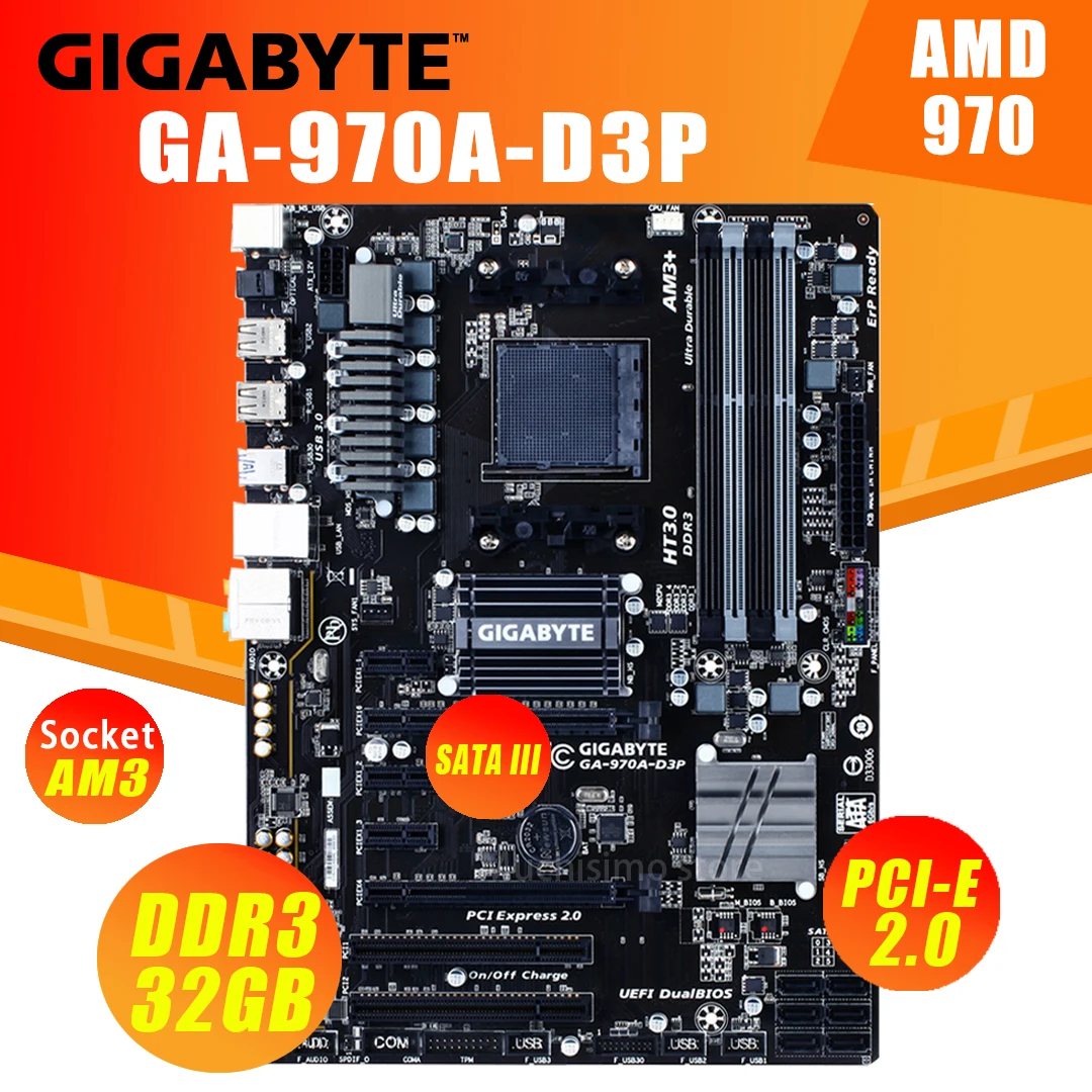 

Socket AM3+/AM3 Gigabyte GA-970A-D3P Motherboard AMD 970 FX/Phenom II/Athlon II DDR3 32GB PCI-E 2.0 Desktop 970 Placa-Mãe AM3+