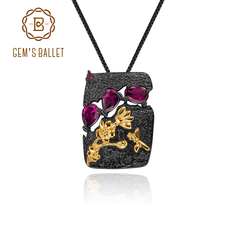 

GEM'S BALLET Natural Rhodolite Garnet Handmade Humming Bee Flower Floral Garden 925 Sterling Silver Woman’s Pendant Necklace