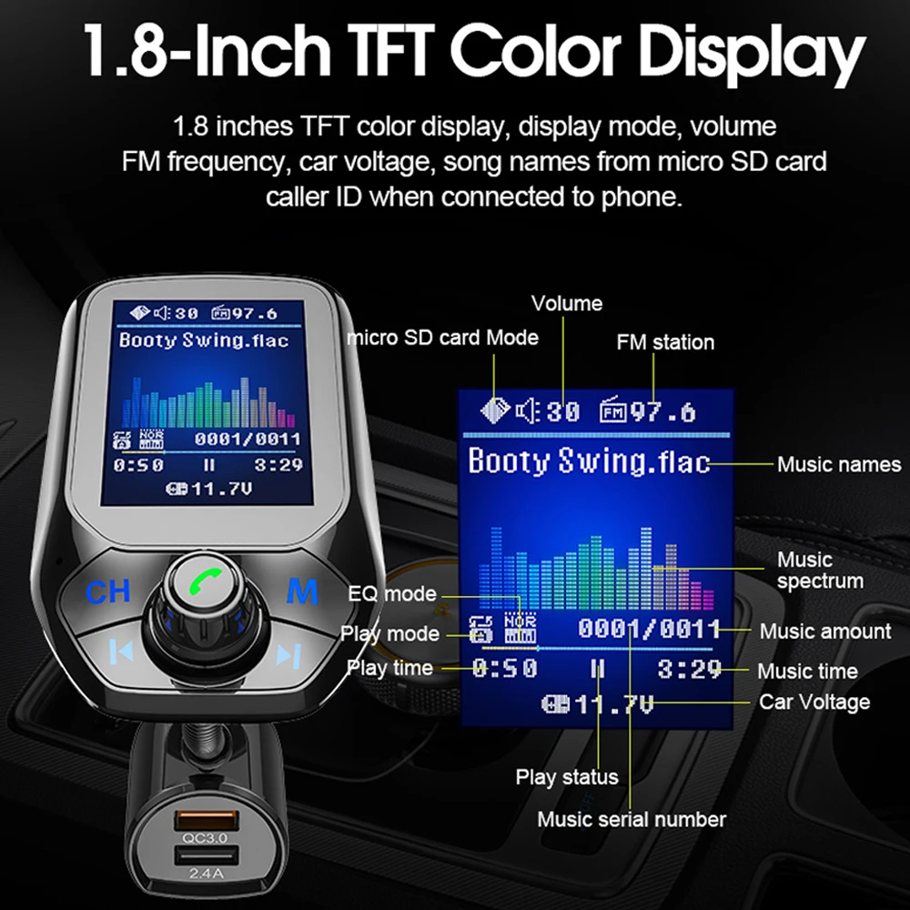 Беспроводной автомобильный FM трансмиттер музыкальный приемник с ЖК дисплеем 1 8