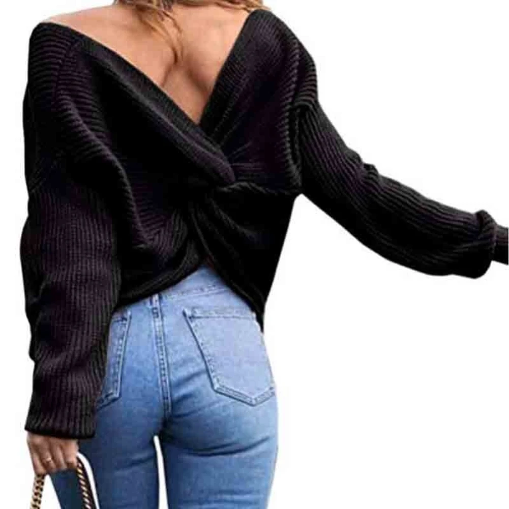 Свитер женский однотонный с V-образным вырезом и узлом на спине теплый свободный |