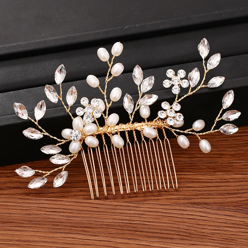 

Bridal Hair Accessories Pearl Hair Comb Wedding Headpiece Jewelry Handmade Crystal Gold Wedding Hair Comb Women Head Ornaments