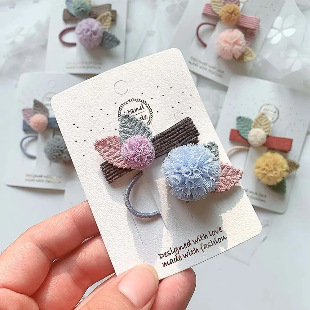 New 2 Pcs/set Yarn Ball Leaf Hair Clips For Girls Kids Pompom Elastic Rubber Bands Tie Children Accessories Set | Детская одежда и