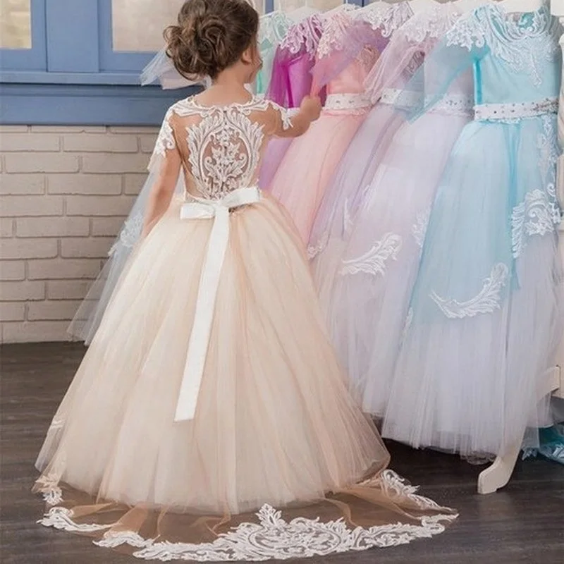 Champagne Kids Flower Girl Dresses Short Sleeves Lace Princess Evening Party Celebrity Formal Gown Girls First Communion Dresses