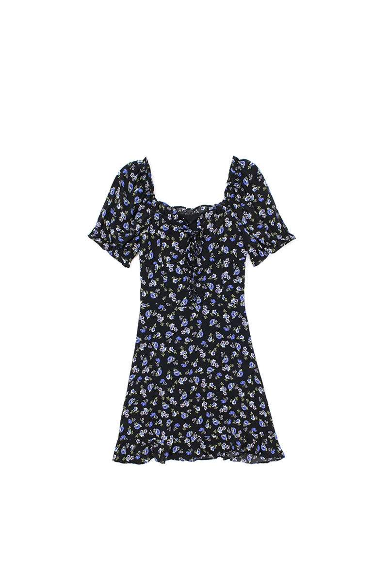 

2021 summer retro floral bandage French short-sleeved dress with wooden ears is thin and wild girl short skirt