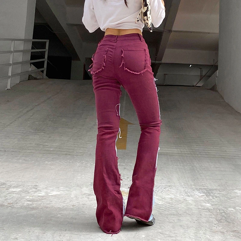 

2021 90s Vintage Denim Pants Capris New Streetwear Tassel Patchwork Jeans High Waist Slim Women Casual Fashion Straight Trousers