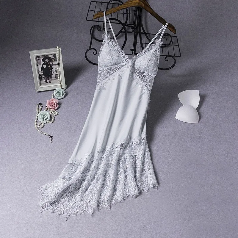 Lace Hollow Out Nightdress Sexy Female Nightgown Strap Sleepwear Bride Summer Dressing Gown Loungewear With Pads Sleep Dress