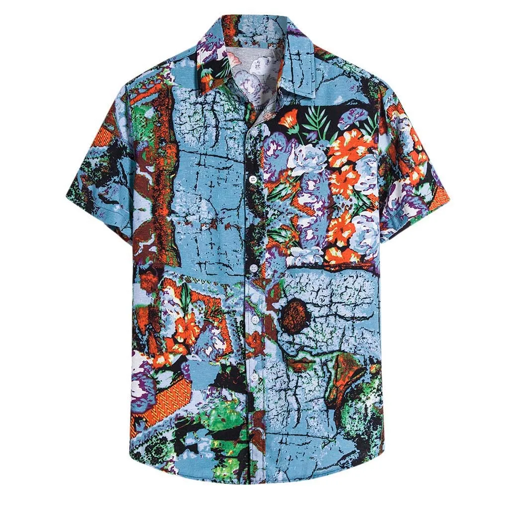 

Летняя мужская рубашка с этническим принтом, воротник-стойка, хлопок, лен, в полоску, короткий рукав, свободная гавайская рубашка, гавайская ...