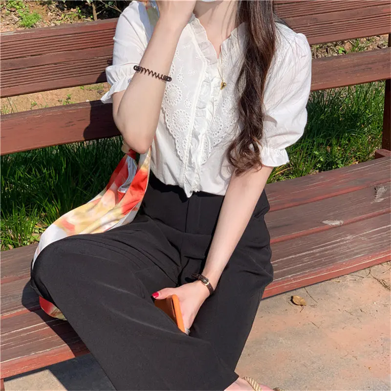 Alien Kitty V-neck Dedicate Embroidery Hollow Out White Ruffles 2020 Solid Loose Leisure Sweet Gentle Hot Office Lady Shirt | Женская