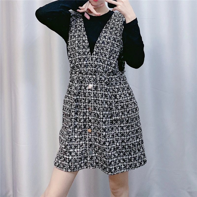 Winter Tweed Dress Woman Elegant Plaid Mini Deep V Neck Women Vintage Sleeveless Dresses Ladies Korean Overall 2020 | Женская одежда