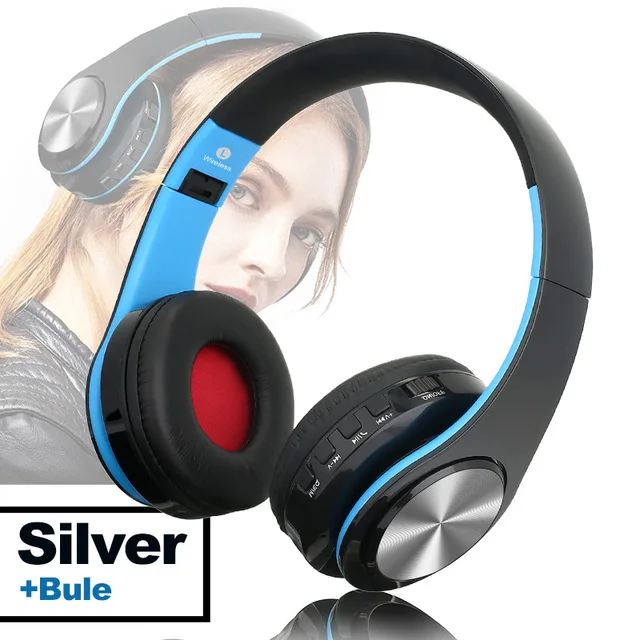Blue Silver TOMKAS Bluetooth наушники проводные беспроводные наушники Bluetooth гарнитура Складные стерео игровые наушники с микрофоном Поддержка TF карты - Цвет: Blue Silver