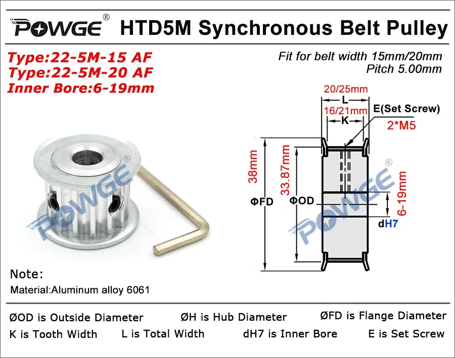 POWGE 22 Teeth HTD 5M Synchronous Timing Pulley Keyway Bore 8/10/12/14/15/16/17/18/19/20mm for Width 15/20mm HTD5M 22Teeth 22T |