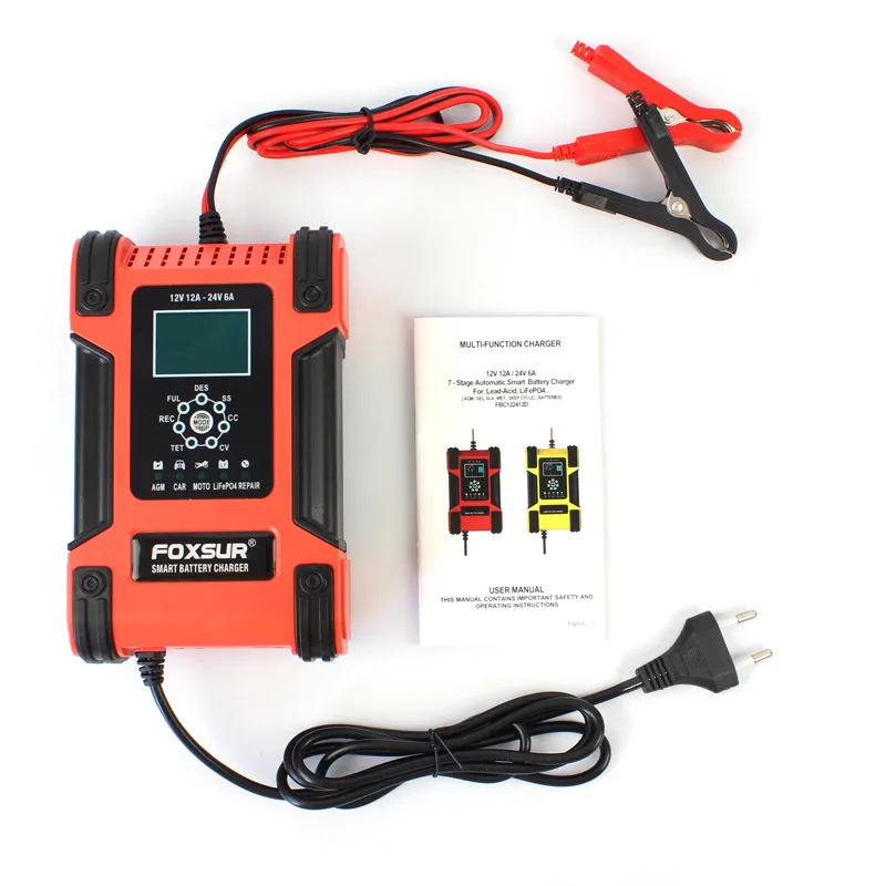 FOXSUR 12V24V 12A Automatic Car Battery Charger Pulse Repair LCD for Motorcycle Lead Acid Agm Gel | Электроника