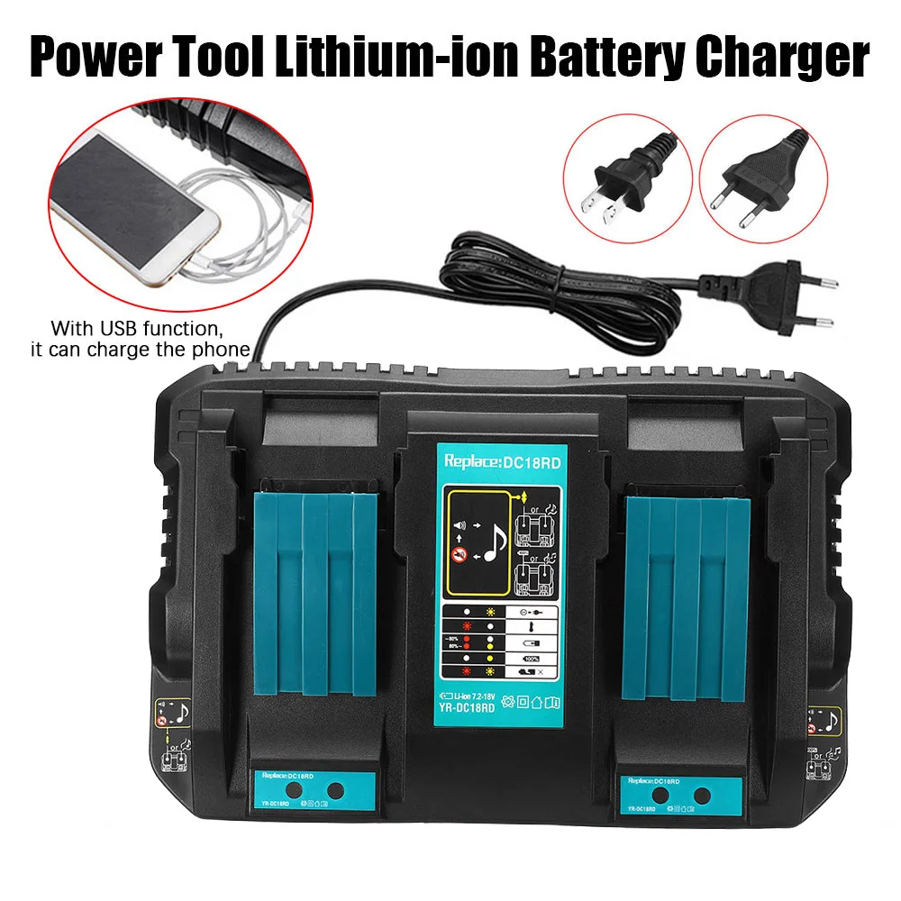 

Lithium-ion Battery Charger 2 Port USB Fast Charging 14.4V-18V Power Tool Battery Charging Adapter for Makita DC18RD US EU Plug