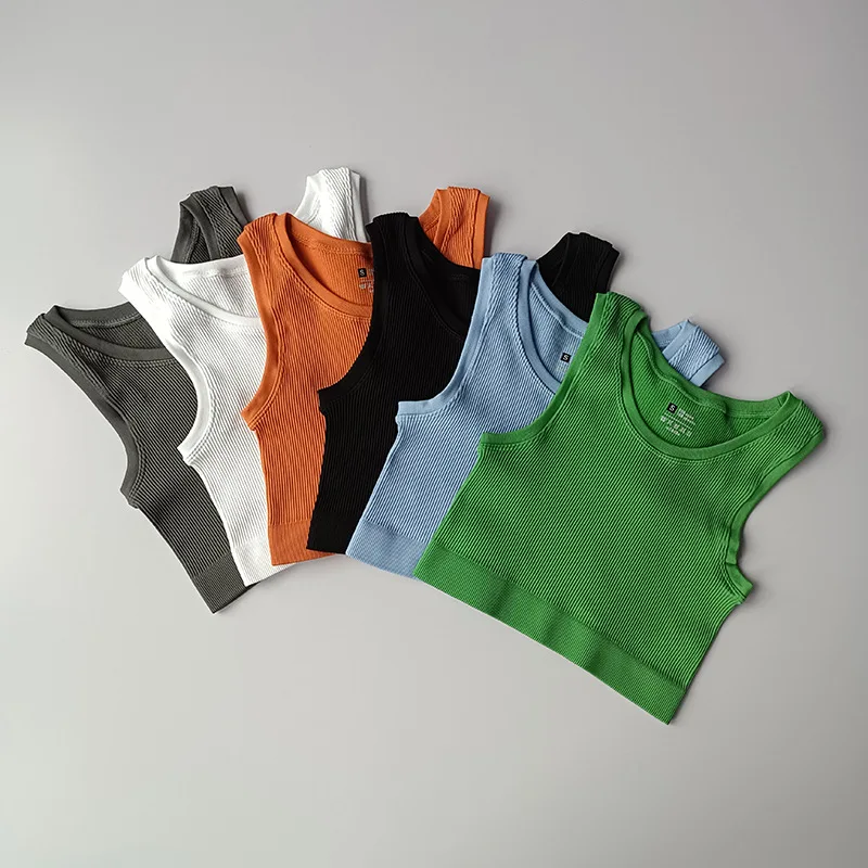 

Women Seamless Sports Vest Fitness Short Crop Top Solid Color Knitted Off Shoulder Gym Shirts Slim Fit Running Cycling T-shirts