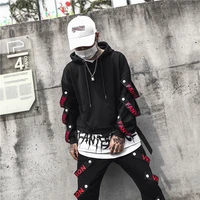 man hoodies fashion trend 2021 sweatshirt streetwear hip hop black stylish casual ribbon male oversized sweatshirt skateboard