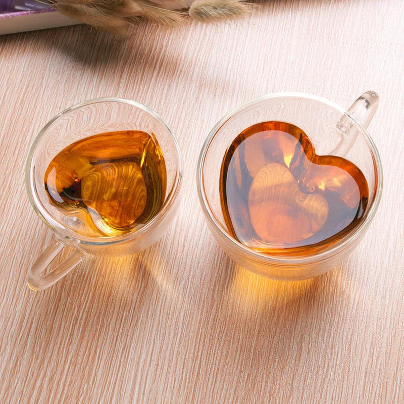 

Creative Double-layer Heart-shaped Borosilicate Glass Tea Cup Office Coffee Cup Home Anti-scalding with Handle Milk Cup Mug