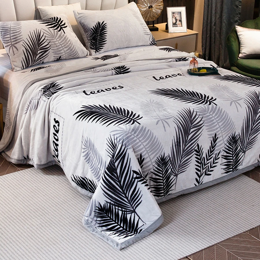

WOSTAR Winter warm coral fleece flat bed sheet super soft cozy leaf print mink cashmere double bed bedspread quilt throw blanket