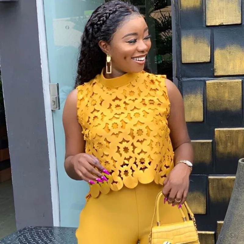 Yellow Pink Firing Sexy Women Set Star Style Runway 2 Pieces Crop Top And Pencil Pants DAM378 |