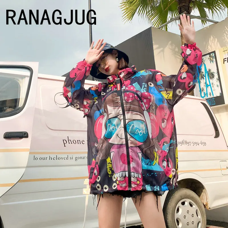 

2021 Summer Long Jacket Women Hooded Thin Coat Korean Style Graffiti Woman Sunscreen Clothes Casual Loose Zip Cute Anime Hoodies