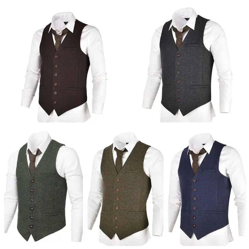 

Men Waistcoat Herringbone Tweed Wool Suit Vest For Men Tailored Single-breasted Slim Vests Outerwear Casual Jacket Top 1 Piece