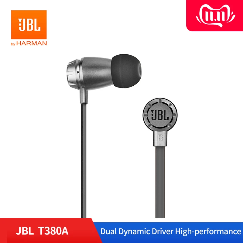 JBL T380A двойные динамические проводные наушники-вкладыши 105dB HIFI наушники с микрофоном 3,5 мм разъем с одной кнопкой дистанционного управления для смартфонов