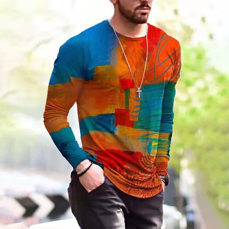

2021 Spring Casual Long Sleeve Tie-Dye Men's T-Shirt Loose Oversized Good Quality Pullover Tops