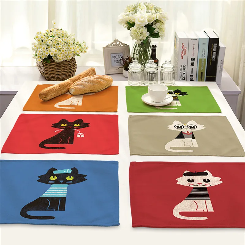 

Cotton Linen Drink Coaster Cartoon Cats Placemat Dining Table Mat Bowl Cup Mats kitchen Pads 42*32cm Home Decors
