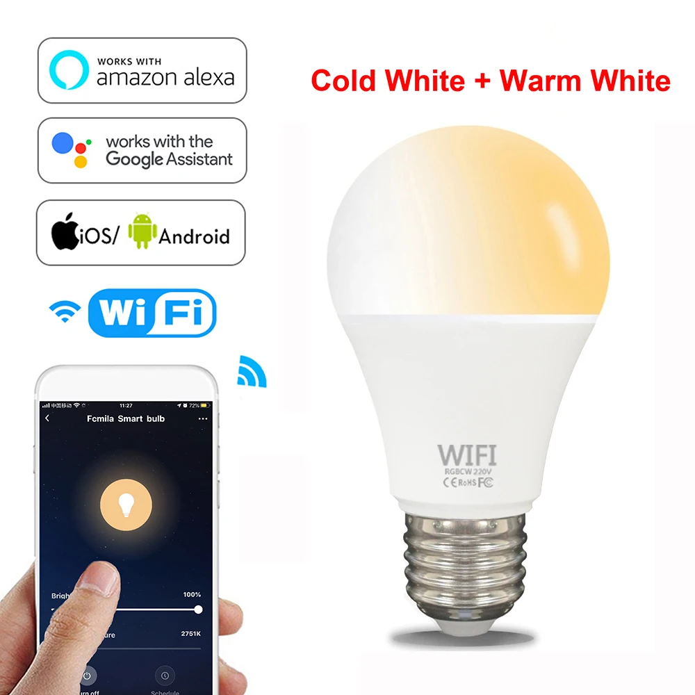 

Smart Light Lamp Wifi Bulb 10W Cool+Warm White LED Bulb E27 B22 APP Remote Dimmable Timer Function Compatible Alexa/Google Home