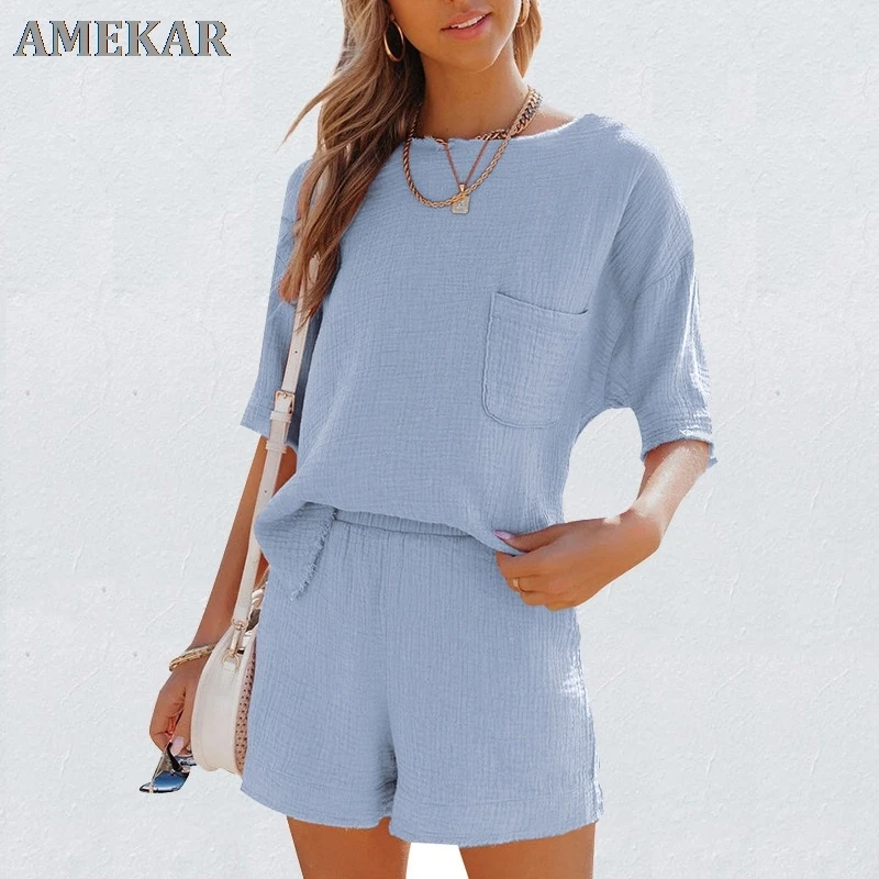 

Summer Casual Cotton Linen Pocket Sets Short Sleeve T Shirt And Elastic Shorts Two Piece Set Women Beach Solid Outfits Tracksuit
