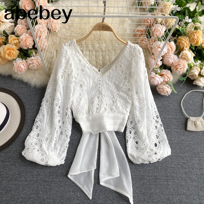 

Black/White V-Neck Blouse Women Sexy Hollow Out Tops Female Elegant Beading Puff Sleeve Bandage Short Shirt Autumn 2022 Fashion