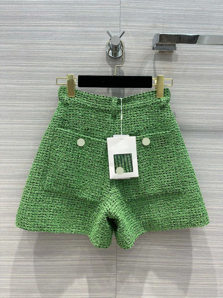 High Street Green Knitted Shorts for Women Summer 2021 New High Waist Straight Shorts High-end Brand Top Quality Knitted Shorts
