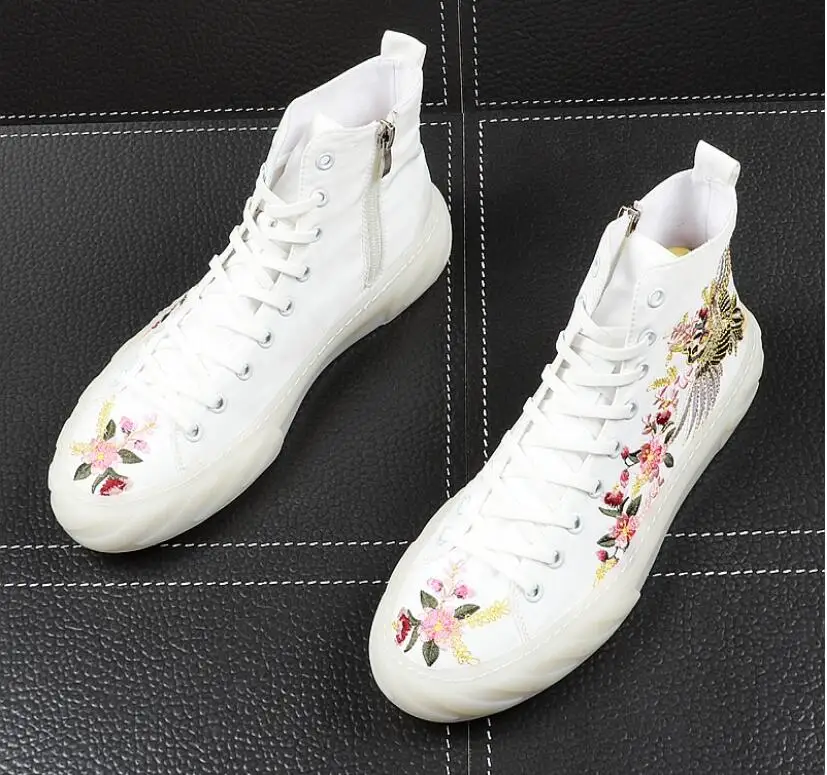 

NEW Men Fashion embroidery Casual shoes Ankle Boots Autumn canvas loafers Metal Decoration Riding Boots High Top Hip Hop Shoes