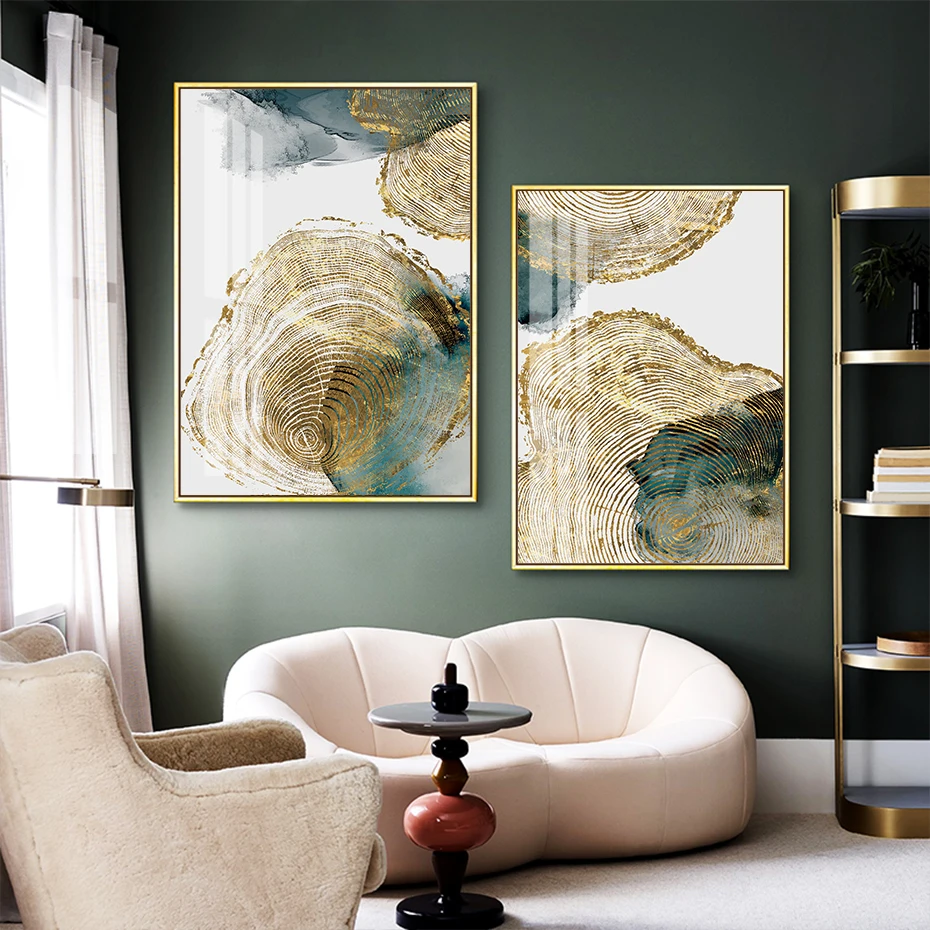 Modern Abstract Gold Green Leaf Trail Annual Ring Poster Canvas Painting Wall Art Prints Picture Living Room Bedroom Home Decor | Дом и сад