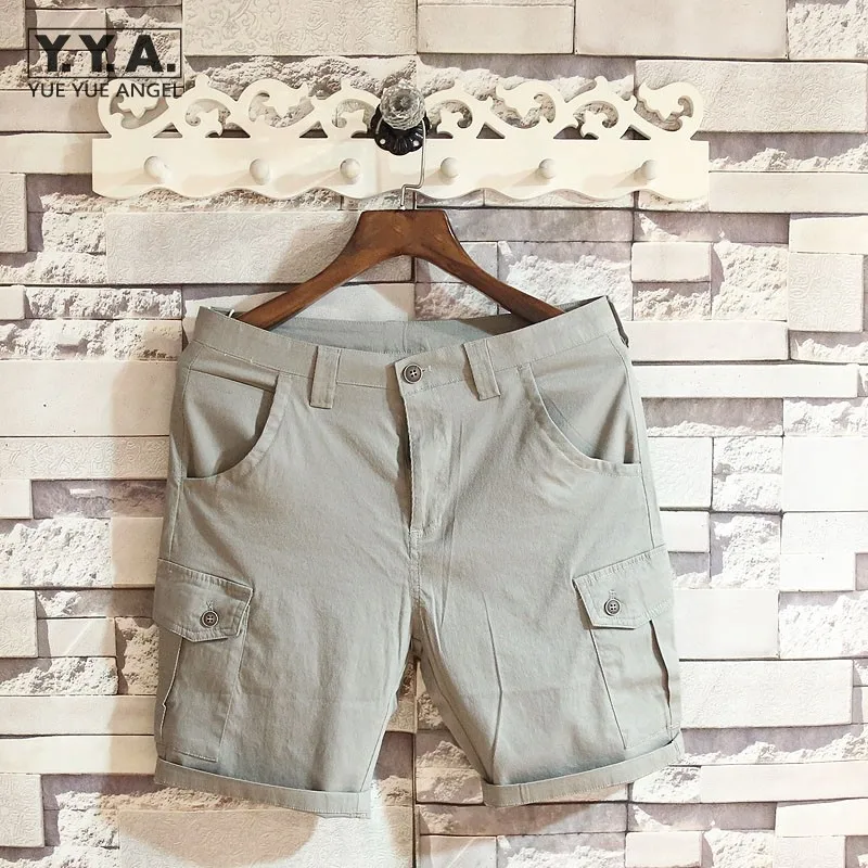 

Модные летние пляжные шорты, одноцветные прямые шорты-карго с карманами, мужские облегающие брюки до колен, мужские повседневные спортивны...