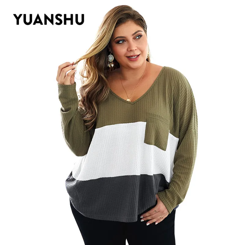 YUANSHU Fashion Striped Patchwork Knitted Plus Size Blouse Women V Neck Pocket High Quality Loose Tops XL-4XL Large Blouses | Женская