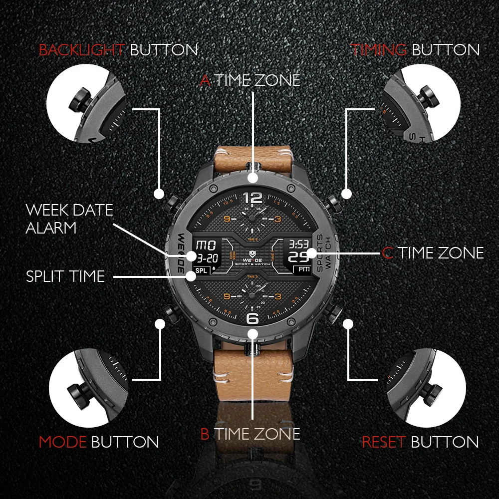 Weide кварцевые мужские наручные часы с кожаным ремешком водонепроницаемые черные