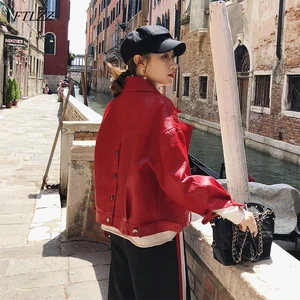 Женская куртка из искусственной кожи Ftlzz, осенняя однобортная куртка с отложным воротником, мотоциклетные кожаные куртки