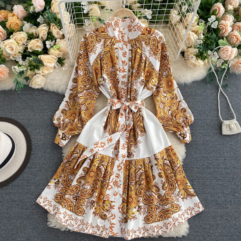 

Women Vintage Printed Mini Dresses Y2K Summer Office Lady Party Dress Slim Long Lantern Sleeve Single Breasted Vestidos