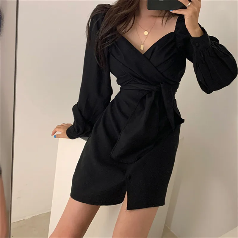 

HziriP 2020 Autumn Women Dress Elegant Gentle Retro Solid V-Neck Cross-laced Fashion Casual All-Match Hot High Quality A-Line