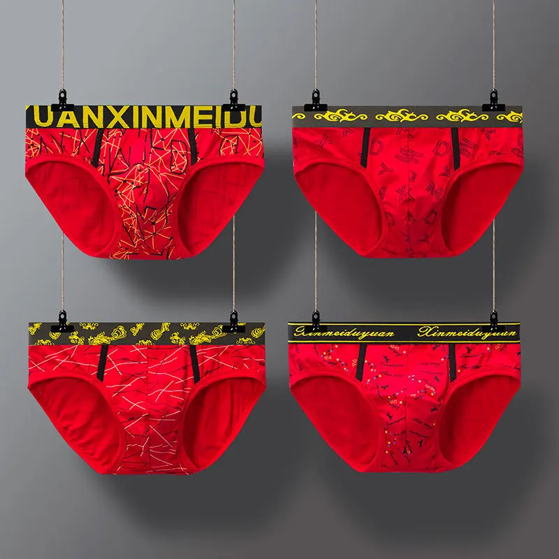 

Men's underwear briefs pure cotton red benmingnian printing breathable middle waist elastic youth pants