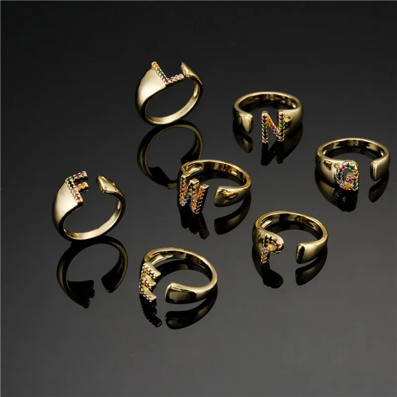 

Trendy Letter Rings For Woman Girl Shiny Colored Fine Crystal Gold Plated Design Classic Style Ring New Jewelry Low MOQ