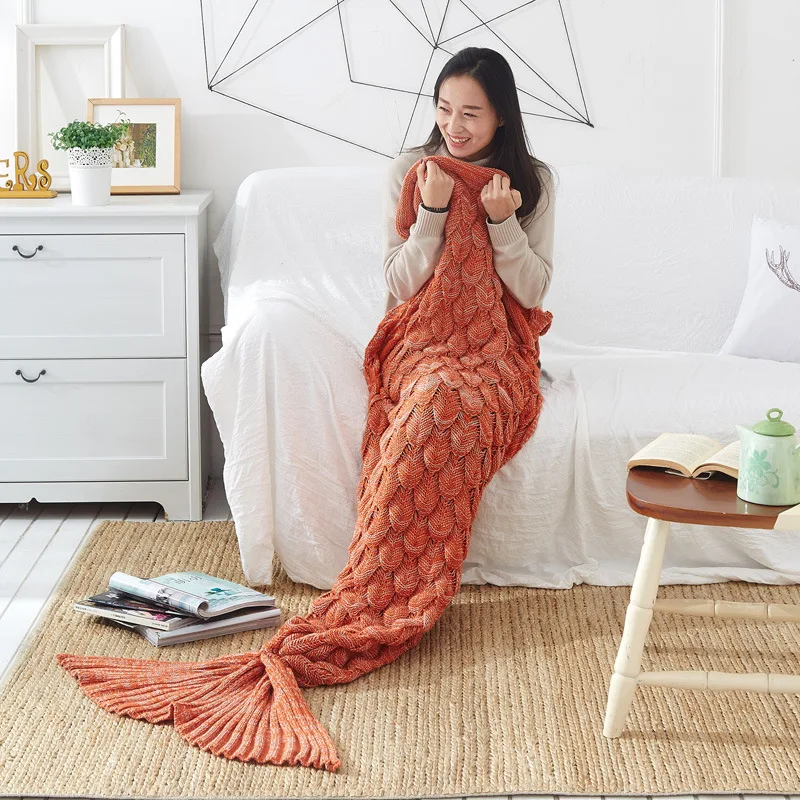 Mermaid Blanket Home Travel Meerjungfrau Fish Tail Blanket Sofa Bed Fish Scale Knitted Wool Plaid Plush Warm Bedspread Blanket