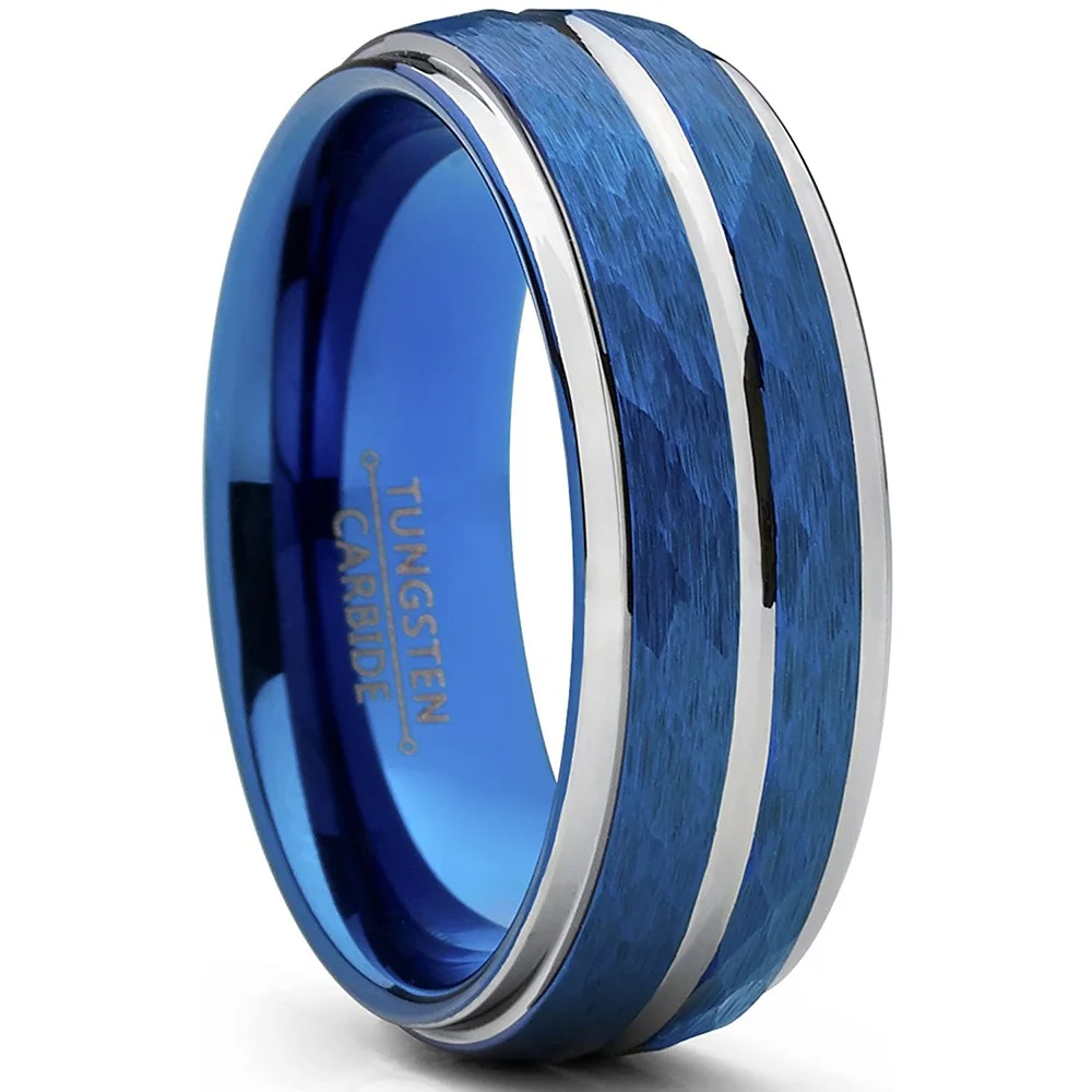 

8MM Men's Fashion Groove Stainless Steel Ring Blue Meteorite Inlaid Engagement Band Wedding Jewelry Gift For Him Size 6-13