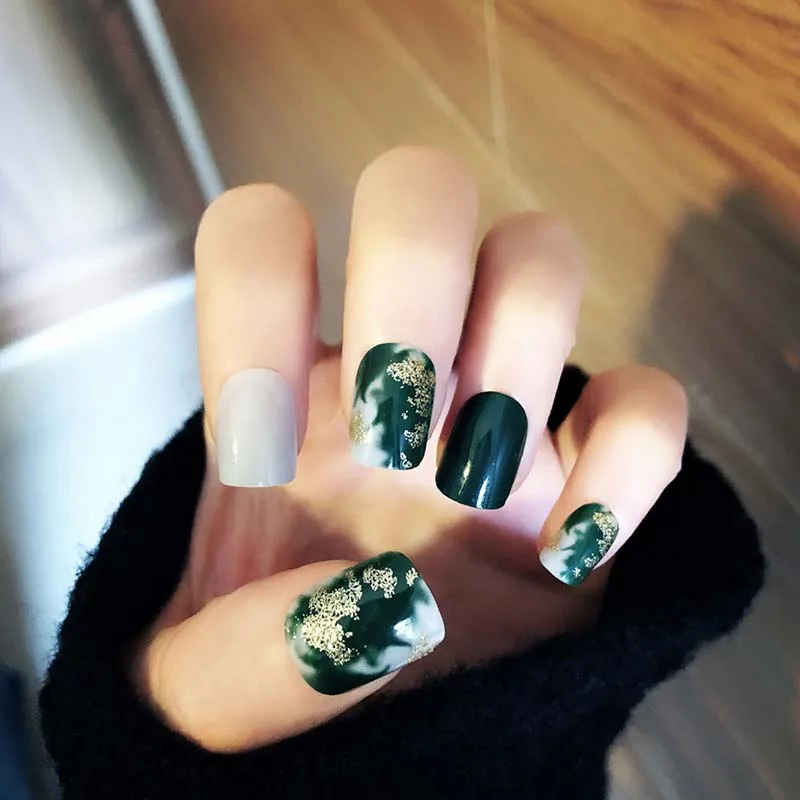 Набор из 24 искусственных ногтей зеленые цветущие накладные ногти для женщин