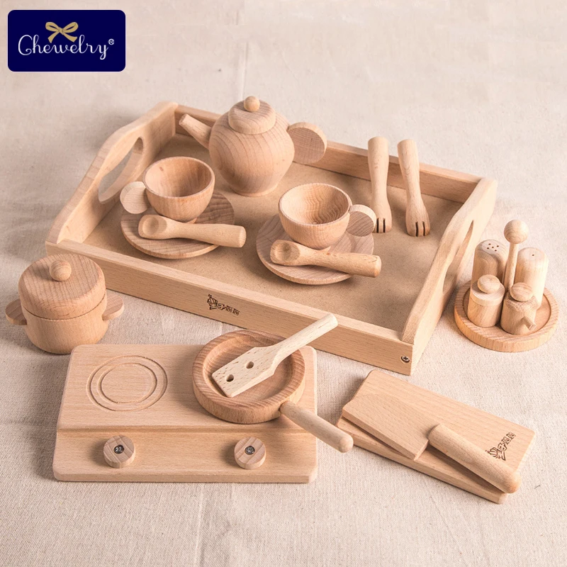 1set Wooden Kitchen Set For Kids Cooking  Beech Tea Pots Set Toy Bbq Food 1:12 Kitchen Accessories Montessori Baby Products Gift