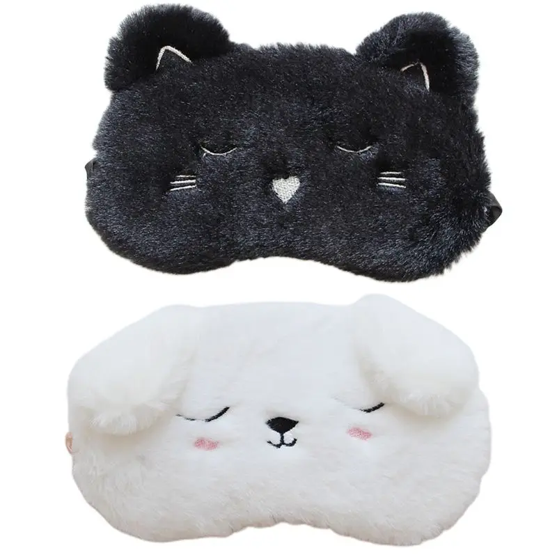 

Japanese Style Unisex Plush Sleeping Eye Mask Cartoon Black Cat White Dog Animal Satin Lined Eyeshade Cover Blinder for Home