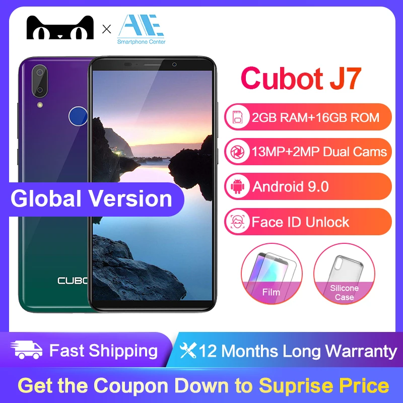 Мобильный телефон Cubot J7, 5,7 дюймов, 18:9, 2 ГБ, 16 ГБ, Android 9,0, смартфон MT6580, четырехъядерный, двойная камера, 2800 мАч, для распознавания лица, отпечатков пальцев